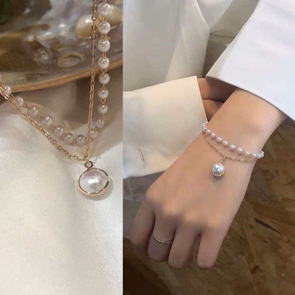 NEW Double Layered Bead Link Chain Faux Pearl Charm Pendant Bracelets Jewelry